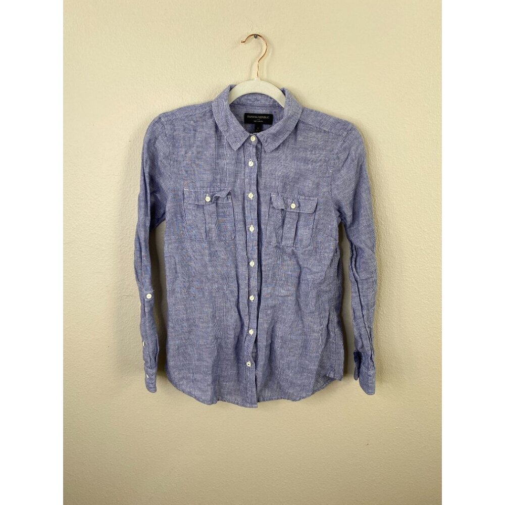 Banana Republic Soft Wash Linen Blend Womens Button-Down Shirt S Blue Striped